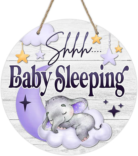 Deroro Shhh Baby Sleeping Front Door Sign, Elephant Purple Moon Cloud Stars Wood Door Hanger Outdoor Porch Nursery Decor