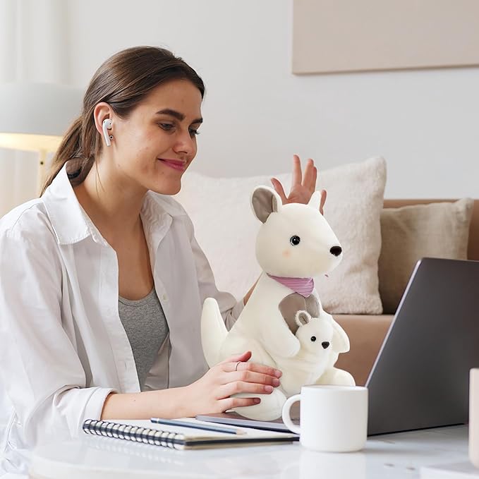 Kangaroo Stuffed Animal Plush Doll - Mother Kangaroo with Removable Child Kangaroo Plushies, Adorable Plushie for Ages 3 and Up (White,10.23 inch)