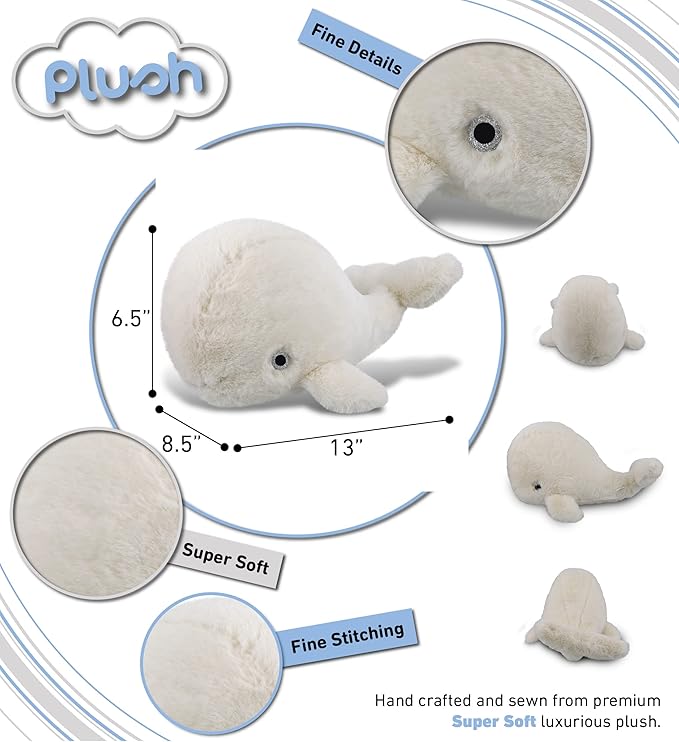 DolliBu Plush Whale Stuffed Animal - Soft Huggable White Whale, Adorable Playtime Whale Plush Toy 13 Inches