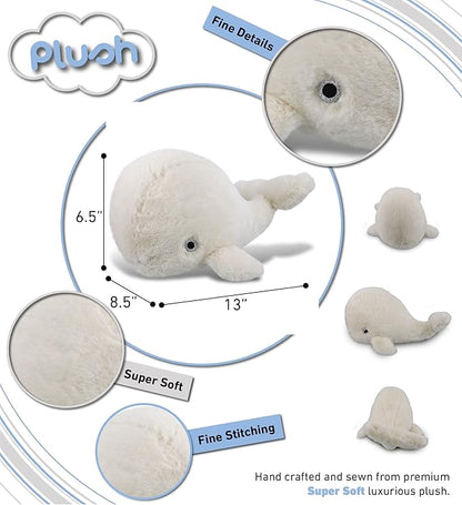 DolliBu Plush Whale Stuffed Animal - Soft Huggable White Whale, Adorable Playtime Whale Plush Toy 13 Inches