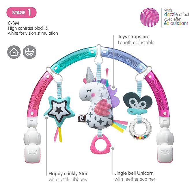 BENBAT Baby Stroller Arch Toy Rainbow Dazzle Friends Play Bar. Fun Newborns Sensory Activity, Adjustable for Bouncers and Car Seat, Unicorn