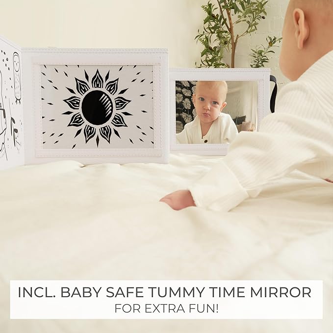Soft Tummy Time Book w/ Stimulating Baby Safe Mirror - Fun Black and White Montessori Toy w/ Crinkle Filling & 20 High Contrast Designs