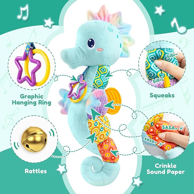 Baby Toys 0 to 12 Months, Musical Stuffed Animal Activity Soft Toys with Multi-Sensory Crinkle