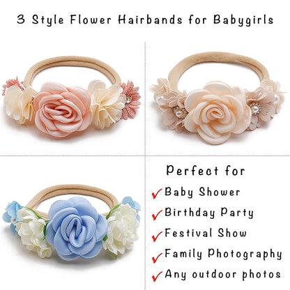 3pcs Baby Girl Hairband, Super Soft & Stretchy Nylon Floral Headbands - Set of 1 3 Multi-colored/patterns, 0-12, Hair