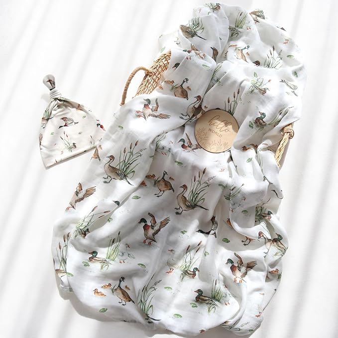 LifeTree Muslin Swaddle Blankets, Muslin Baby Boy Swaddle Blanket and Hat Set with Birth Announcement Card, Newborn Unisex Receiving Blankets Mallard Duck