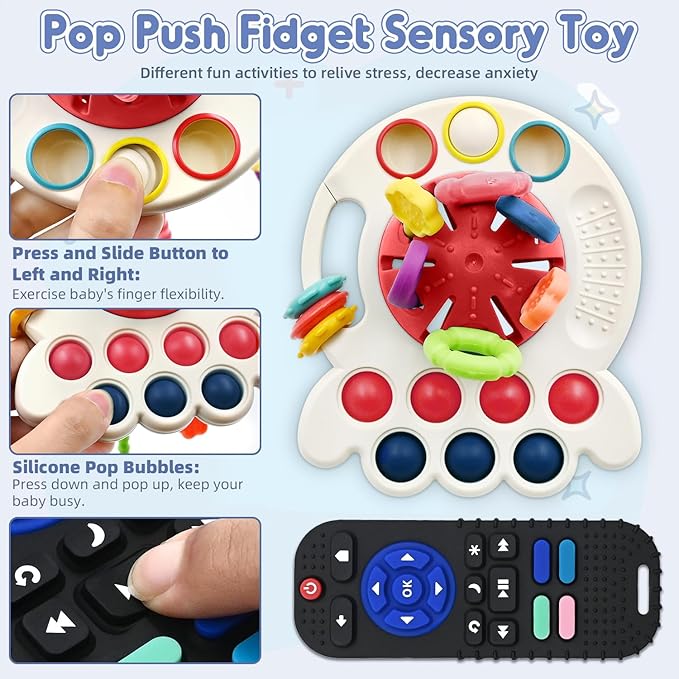 AiTuiTui Sensory Montessori Baby Teething Toys, Silicone Remote Control Teether Toddler Travel Toys for 3 6 9 12 Months