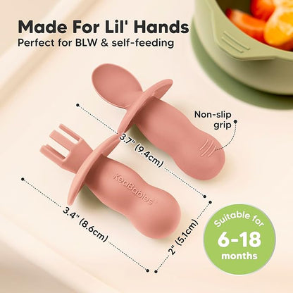 KeaBabies 4-Pack Silicone Baby Spoons and Forks Set - Baby Spoon Self Feeding, BLW Baby Utensils 6-12 Months,Baby Led Weaning Feeding Spoon,Teething Infant Baby First Food Training Pre Spoon (Roseate)