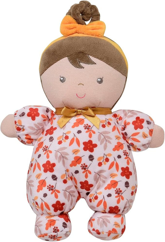 Plush Baby Doll with Rattle for Fall and Thanksgiving, Emma (Orange Harvest Print 9 inch)