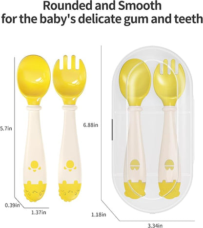 Deejoy Toddler Utensils, Self-feeding Flatware Set withTravel Case, Baby Spoons and Forks with Silicone Bendable Handle, Easy Grip Heat-Resistant, Ideal for Kids, Stage 2 (Yellow)