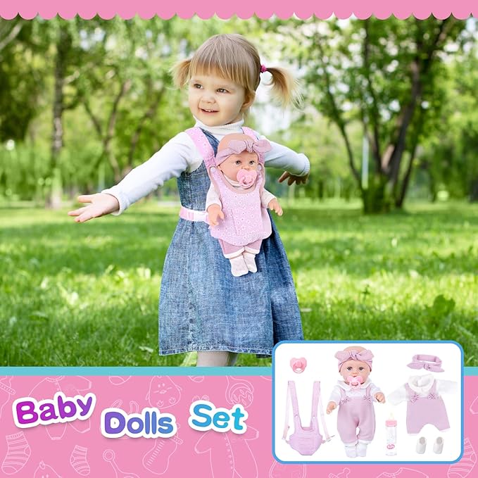 12 Inch Baby Doll Playset with Clothes and Dolls Carrier Accessories Included Baby Carrier, Bottles