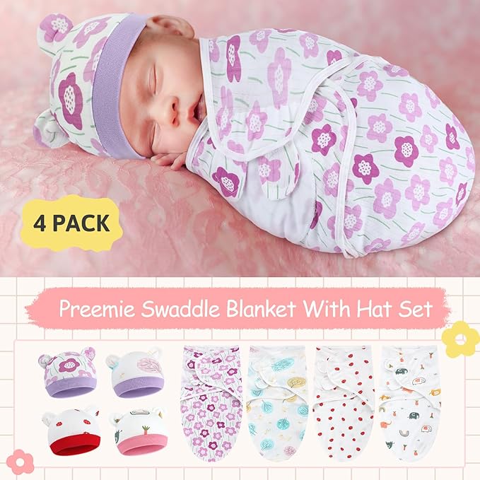 Buryeah 4 Pack Preemie Swaddle Blanket Wrap Set with Hat for Baby Boys Girls 3-7 Lbs Preemie Newborn Clothes Sleepers Cap