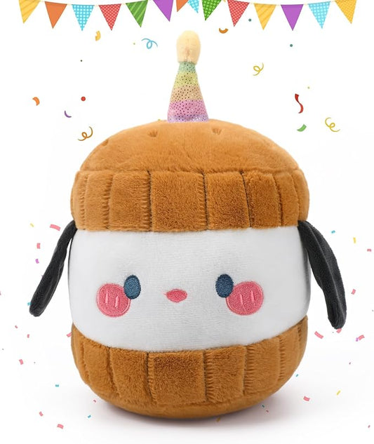 Dog Plush Birthday Stuffed Animal - Birthday Cake Stuffed Doll, Cute Sandwich Dog with Glowing Candle, Party Decorations, Kids' Gifts, 11 Inch