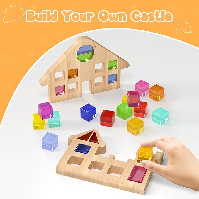 BESFAN Building Blocks Set, Acrylic Rainbow Gem Cubes Stacking Toy with 2 Wooden Castle 3+ Year