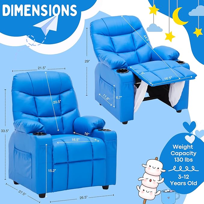 Marshmallow Larger Kids Reclining Chair Leather Recliner Sofa Children Ages 3-12