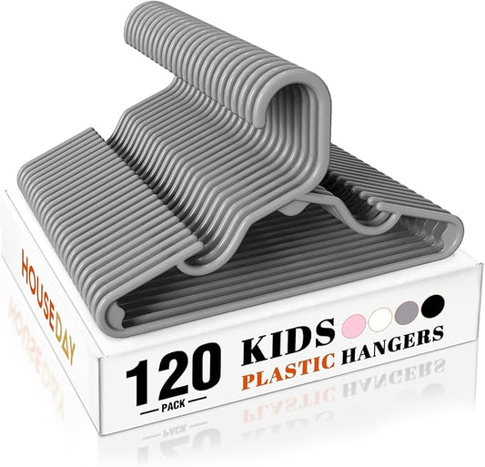 HOUSE DAY Kids Plastic Hangers for Closet, Childrens Hangers for Clothes & Baby Hangers, Toddler, and Child Clothes - Clothing, Pants, Coats, and More - Ideal for Everyday Use (Grey, 120 Pack)