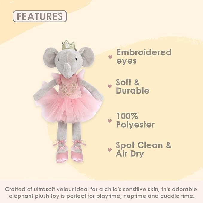 MON AMI Princess Evelyn The Elephant Plush Stuffed Doll – 12”, Cute Elephant in Tulle Dress