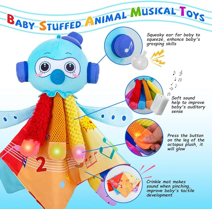 Octopus Shape Tactile Sensory Toy, Texture Toys for Babies with 6 Different Lights and Music 0 3 6 9 12 Months