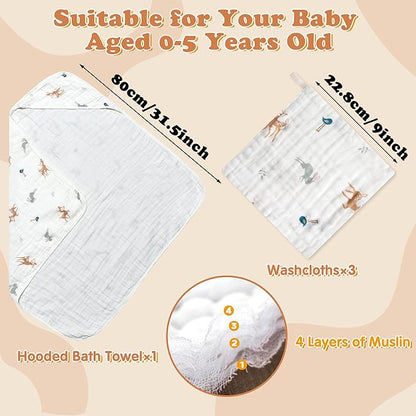 Zainpe 4Pcs Muslin Baby Hooded Towel & Washcloth Set Deer 31.5 x 31.5 in