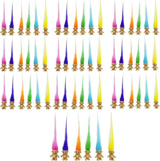 60pcs Long-haired Lucky Mini Troll Dolls, Assorted Hair Colors 0.78" Bodies, 2" Hair.