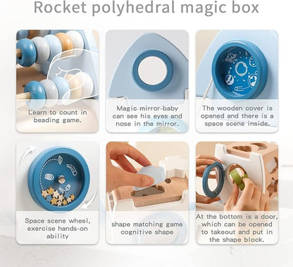 ibwaae Wooden Rocket Activity Cube, Space Busy Board Toys 5 in 1 Shape
