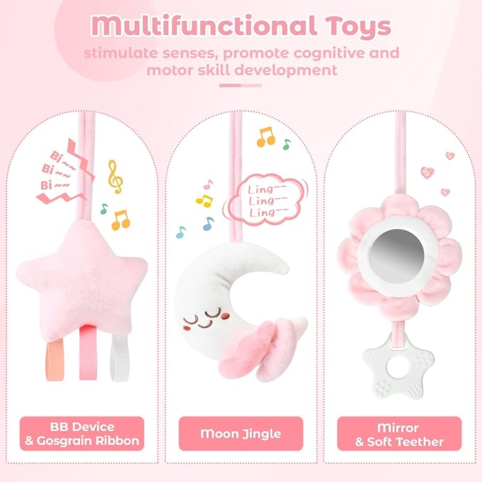 Spiral Car Seat & Stroller Activity Toy, Crib Hanging Rattles Toys for Ages 0-12 Months, Mirror, Textured Ribbons, Squeaky Carseat Stroller Toys, Newborn Baby Girl Gifts