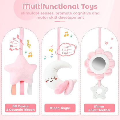Spiral Car Seat & Stroller Activity Toy, Crib Hanging Rattles Toys for Ages 0-12 Months, Mirror, Textured Ribbons, Squeaky Carseat Stroller Toys, Newborn Baby Girl Gifts