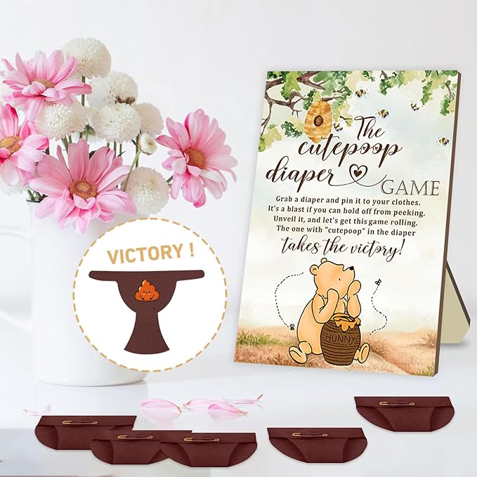 Winnie Baby Shower Games Set - Winnie Wooden Baby Shower Sign with 50 Pcs Mini Felt Diapers Brown, The Cutepoop Diaper Baby Shower Game