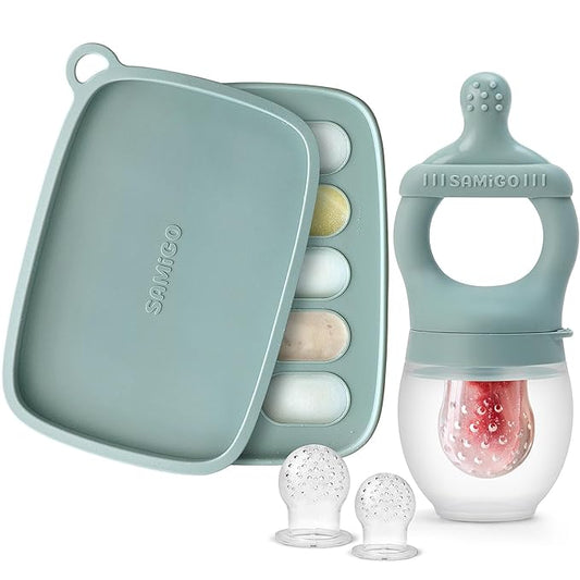 SAMiGO Baby Food Fruit Feeder and Breastmilk Popsicle Mold Set, Silicone Fruit Teether 4 Months+