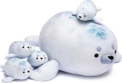 IKASA Mommy Seal Stuffed Animal Mom and Baby Plush Toy, Cute 16" Soft Small Mama Family Set Cuddly Toy with Little Mini Babies