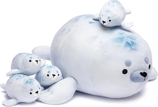 IKASA Mommy Seal Stuffed Animal Mom and Baby Plush Toy, Cute 16" Soft Small Mama Family Set Cuddly Toy with Little Mini Babies