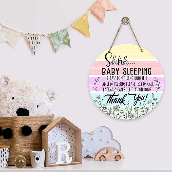 Deroro Shhh Baby Sleeping Watercolor Front Door Sign, Please Don't Ring Doorbell Wood Door Hanger Outdoor Outside Porch Baby Room Decor