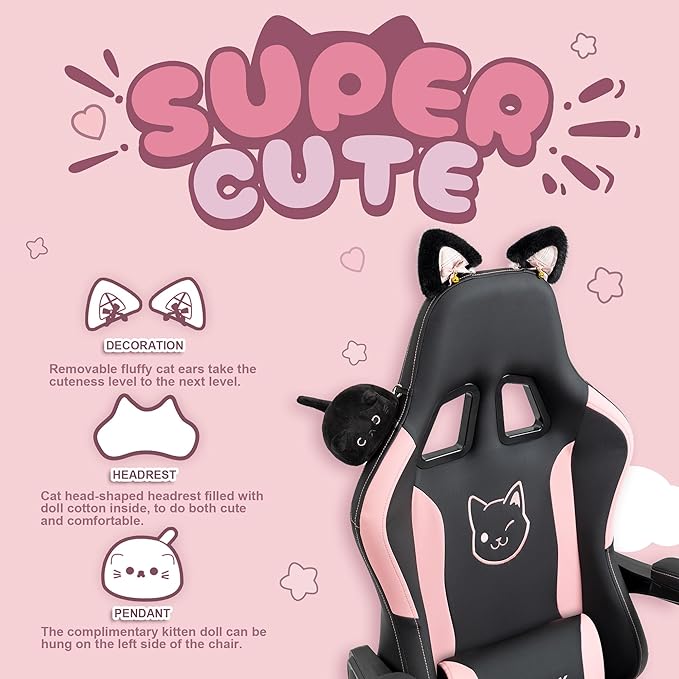 Dowinx Gaming Chair Cute with Cat Ears and Massage Lumbar Support, Ergonomic Computer Chair for Girl with Footrest and Headrest, Comfortable Reclining Game Chair 290lbs for Adult, Teen, Black