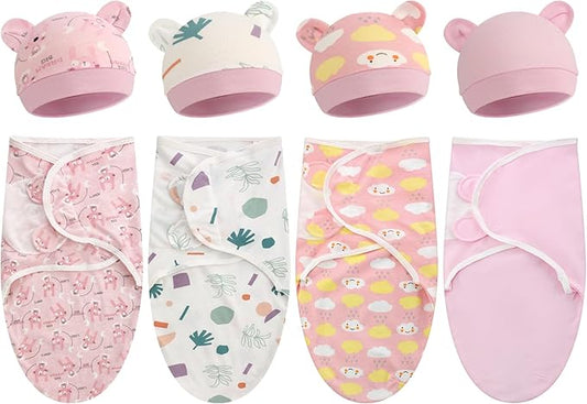 Buryeah 4 Pack Preemie Swaddle Blanket Wrap Set with Hat for Baby Boys Girls 3-7 Lbs Preemie Newborn Clothes Sleepers Cap