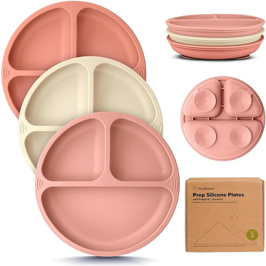 KeaBabies Suction Plates for Baby, Toddler - 3-Pack 100% Silicone Toddler Plates, Divided Baby Plates with Suction, Silicone Plates for Baby, Kids, BPA-Free, Microwave, Dishwasher Safe (Roseate)