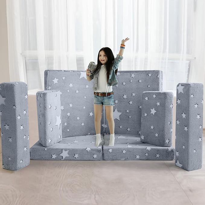 MeMoreCool Kids Couch, 10 Piece Modular Play Couch for Playroom, Fold Out Glow Star Toddler Bed, Foam Building Sofa for Boys and Girls