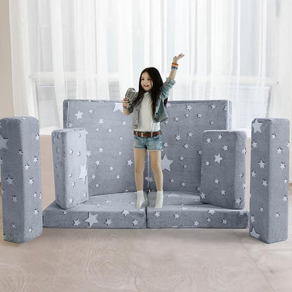 MeMoreCool Kids Couch, 10 Piece Modular Play Couch for Playroom, Fold Out Glow Star Toddler Bed, Foam Building Sofa for Boys and Girls