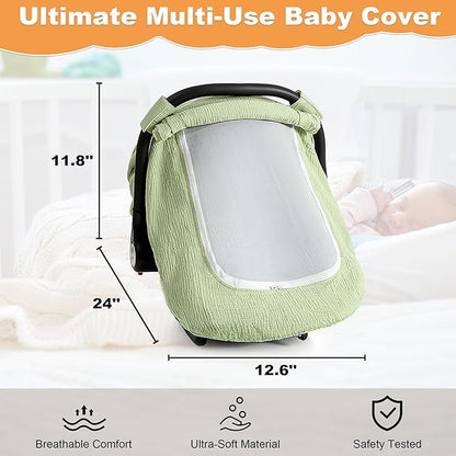 Muslin Cotton Car Seat Cover Baby, Universal Fit Carseat Cover for Baby, Infant Car Seat Cover with Mesh Peep Window, Baby Car Seat Cover for Carrier, Stroller, High Chair, Shopping Cart (Green)
