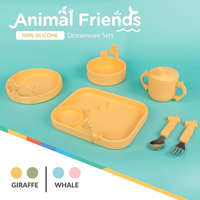 Nuby Animal Friend Silicone Rectangle Plate - Toddler Plate - 6+ Months - Yellow Giraffe Plate