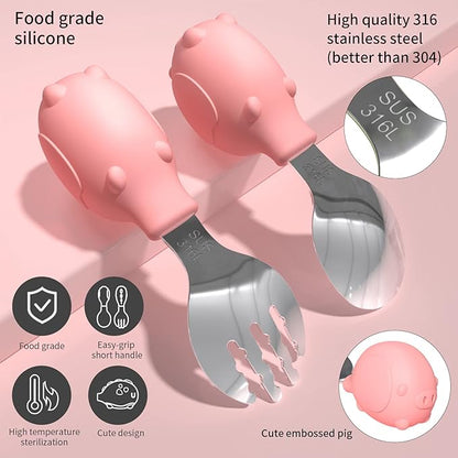 Deejoy Toddler Utensils, Toddler Spoons and Forks, Stainless Steel Spoon Toddler Silverware Set, Kids Silverware Self Feeding Flatware Set with Travel Safe Case for Kids (Pink)