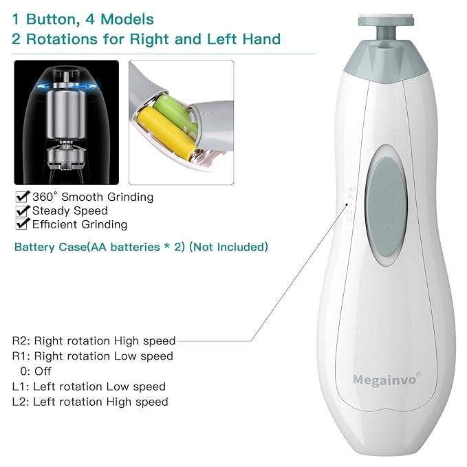 Baby Nail Trimmer Electric Baby Nail File with LED Light 10 Grinding Heads Baby Nail Clippers Safe Quiet Nail Care Kit for Newborn Toddler Kids Toes Fingernails Battery Operated (Not Included) - Grey