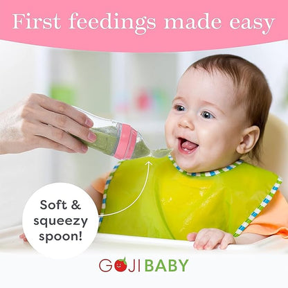 4 oz Silicone Baby Food Dispensing Spoon - 2 Pack - Great for 4+ Month Infants - Includes Stopper - Easy to Use and Mess-Free - Precise Food-Release Feeder - Great for Travel (Pink)