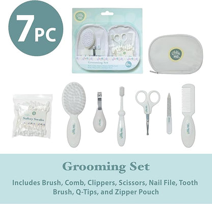 Little Me Baby Grooming Set - 8 Piece Essential Kit with Brush, Comb, Nail Clippers, Nail File, Toothbrush, Safety Swabs, and Travel Zipper Pouch - Baby Grooming Tools