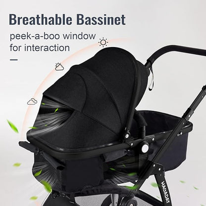 Baby Stroller, 2-in-1 Reversible Toddler Seat with Lie-Flat Mode, Foldable Infant Stroller with Canopy, One Button Brake, Adjustable Handle, Newborn Pushchair (Black B)