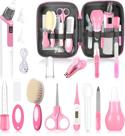 Baby Grooming Kit, Infant Safety Care Set with Baby Nose Aspirator，Baby Hair Brush Comb Nail Clipper Nasal Aspirator,Baby Essentials Kit for Newborn Girls Boys (17 Pc Pink Kit)