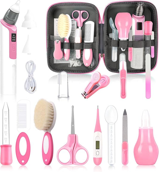 Baby Grooming Kit, Infant Safety Care Set with Baby Nose Aspirator，Baby Hair Brush Comb Nail Clipper Nasal Aspirator,Baby Essentials Kit for Newborn Girls Boys (17 Pc Pink Kit)