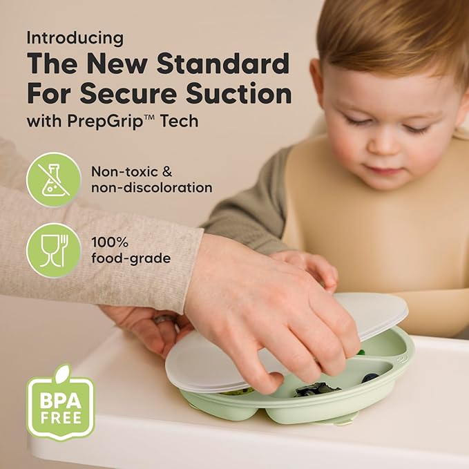 KeaBabies Suction Plates with Lids for Baby - 3-Pack 100% Silicone Suction Plates for Baby, Kids,Toddler Plates,Divided Baby Plates with Suction,Lids, BPA-Free, Microwave, Dishwasher Safe (Mellow)