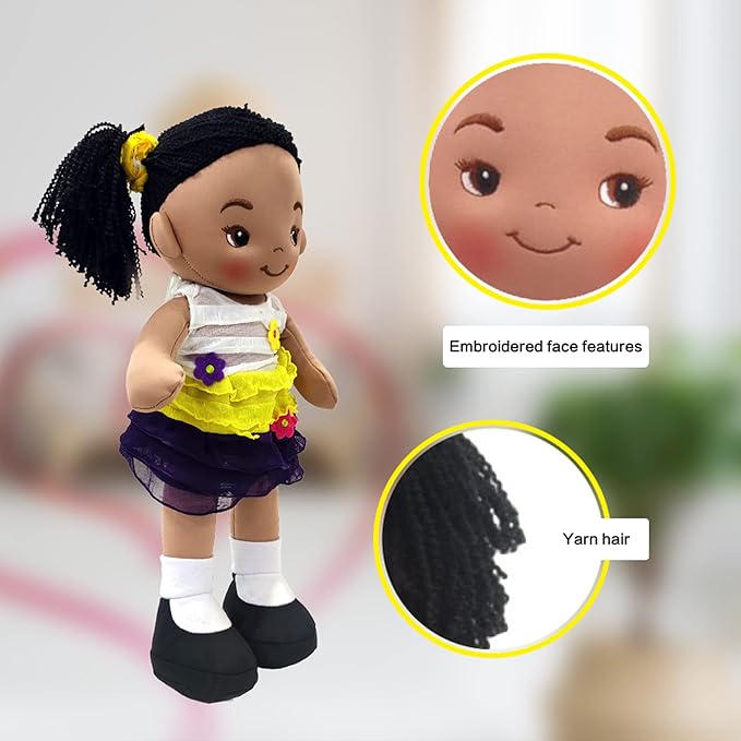 Linzy Plush 16" Yellow Aissa Rag Doll for Girls, Soft Plush Rag Doll