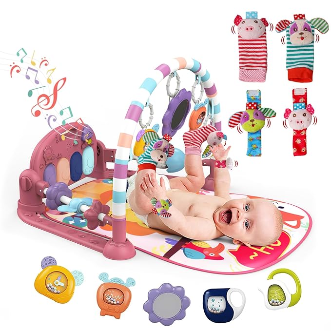 dearlomum Baby Play Mat Baby Gym,Funny Play Piano Tummy Time Baby Activity Mat with 5 Infant Sensory Baby Toys & 4 Wrist Baby Rattle Socks 0 to 3 6 9 12