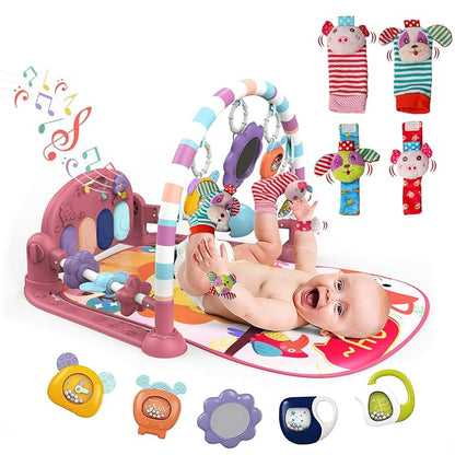 dearlomum Baby Play Mat Baby Gym,Funny Play Piano Tummy Time Baby Activity Mat with 5 Infant Sensory Baby Toys & 4 Wrist Baby Rattle Socks 0 to 3 6 9 12