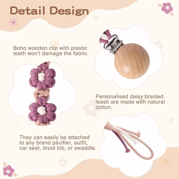 Clip for Boys Girls Floral Daisy Macrame Paci Clip Pacifier